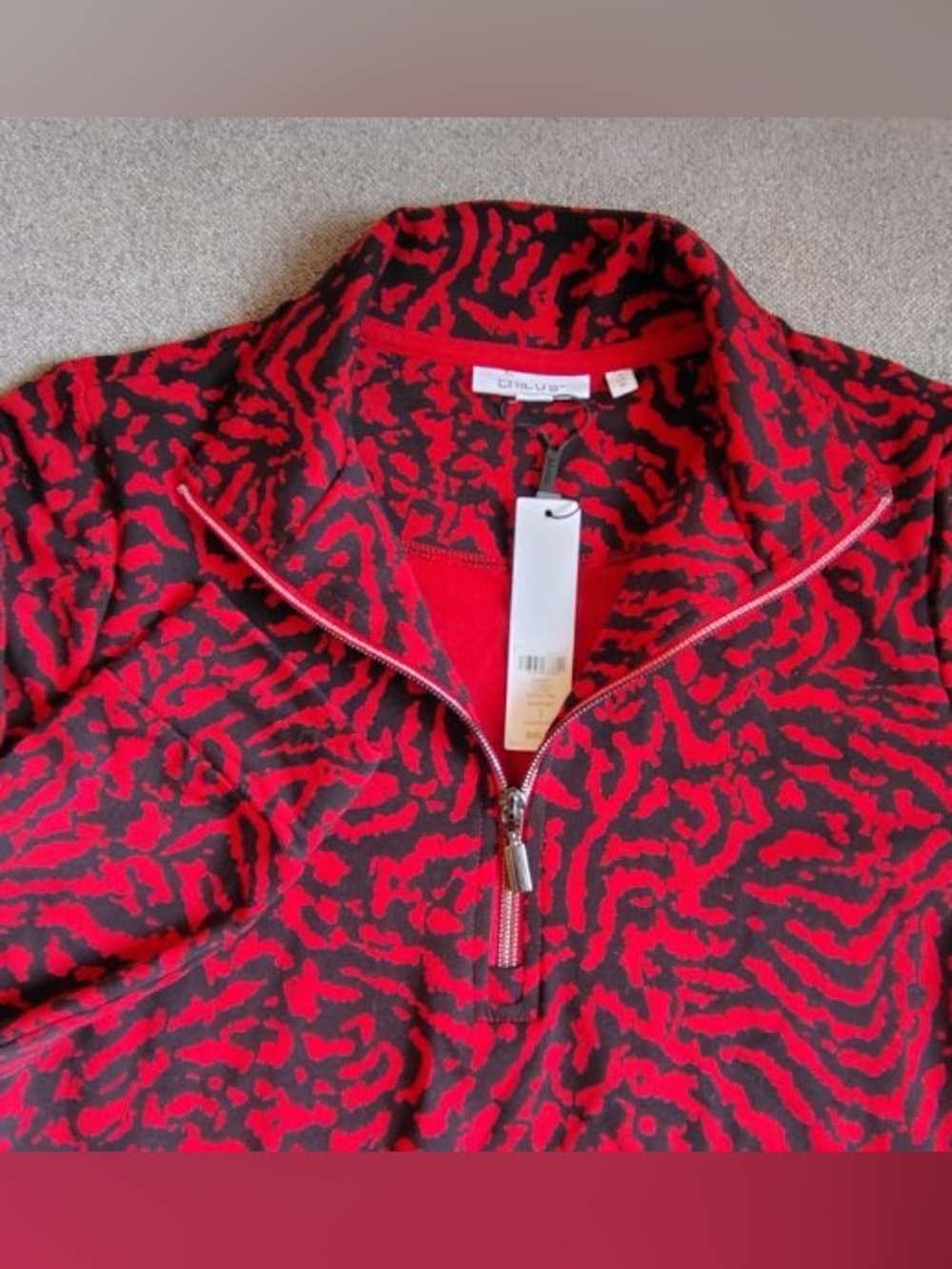 Chico’s Zenergy Fizz LS Quarter Zip Top Womens 1 Red Black Animal Print NWT $85